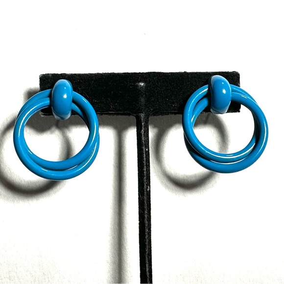 Vintage Azure Blue Double Hoop Earrings Door Knocker Look Retro 1980s - Picture 2 of 5